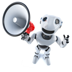 3d Funny cartoon robot chracter using a megaphone loudhailer