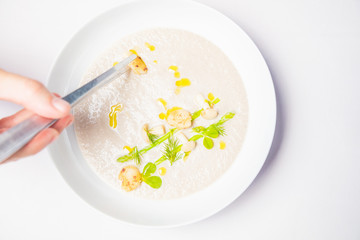 Cook chef making creme soup with herbs and mushrooms.
