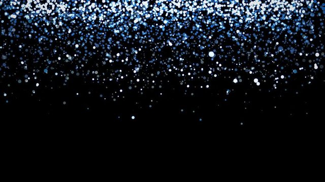 Blue glitter partikles texture falling down on black background.