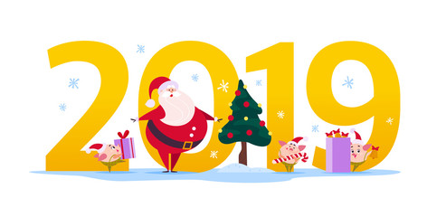 Vector Merry Christmas flat illustration with 2019 number, Santa Claus character, fir tree and happy little pig elf in santa hat isolated on white background. New Year season web banner, advertisement
