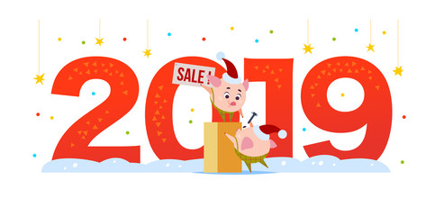 Vector Merry Christmas flat illustration with 2019 number and two happy little pig elf in santa hat isolated on white background. Good for New Year season web banner, advertisement, card, poster etc.