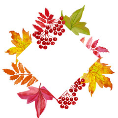 Watercolor autumn wreath with leaves and branches isolated on white background.