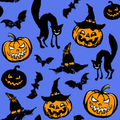 Vector pattern with cats and pumpkins on an blue background.