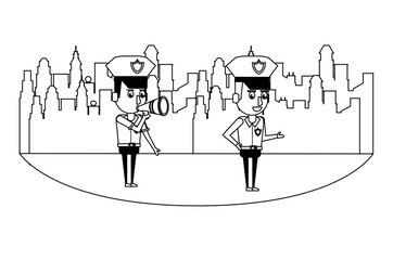 Cops in the city in black and white