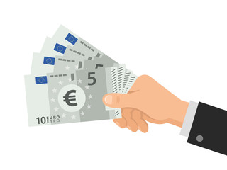 Hand holds money Euro 5 banknotes. Business concept. Isolated on white background. Flat Style. Vector illustration.