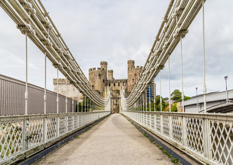 Conwy Castle and Conwy Suspension Bridge,  UNESCO World Heritage site located in medieval town of Conwy  in North Wales UK