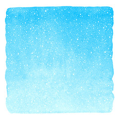Winter watercolor gradient background with falling snow splash, specks, snowflakes texture and uneven brush drawn edge. Christmas, New Year hand drawn aquarelle template. Sky blue watercolour stains.