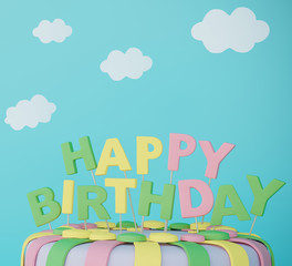 Happy birthday card with cake and clouds 