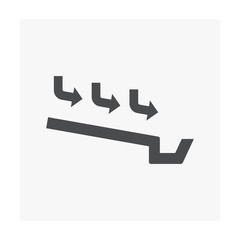 Rain gutter vector icon. Also called eavestrough, eaves-shoot or surface water collection channel. Include arrow of roof slope direction for rainwater discharge and drainage system of home or building