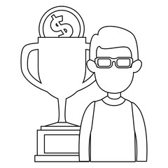 young man with trophy cup and coin