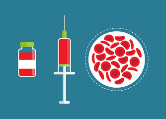 Red blood cells, syringe & bottle. Blood concept. Human donates blood. Vector illustration in flat style.
