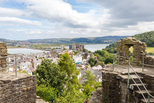 View on Conwy town and castle from the town walls around the city UNESCO World Heritage site located in North Wales UK