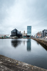 Fototapeta premium Skyline of Liverpool with a view on LIverpool Pier head and the Museum of Liverpool,