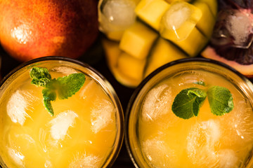 Glasses of juices. Refreshments and summer drinks.