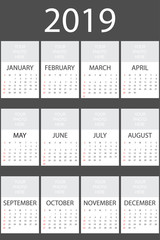 Calendar 2019 year, simple design template, vertical format, week starts on Sunday