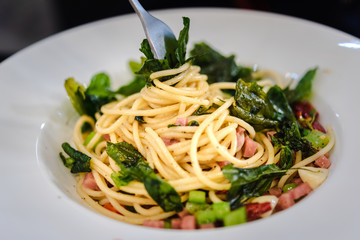 Spaghetti spicy with bacon and basil dried chilli
