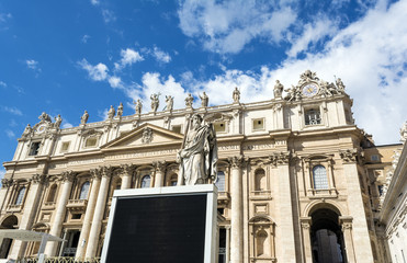 Fototapeta na wymiar Statue of St. Paul with sword in front of St. Peter's Basilica in Vatican City, Rome, Italy