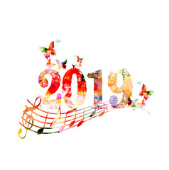 Happy New Year 2019 colorful template design background with music notes, vector illustration