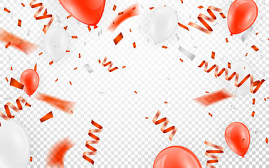 Happy birthday vector Celebration party banner Red foil confetti and white and glitter red balloons