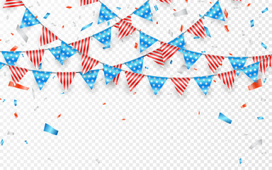 Fototapeta premium Hanging Bunting Flags for American Holidays. Blue, white and red foil confetti. Vector illustration