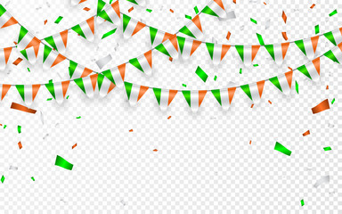 India flags garland white background with confetti, Hang bunting for India national Day celebration template banner, Vector illustration