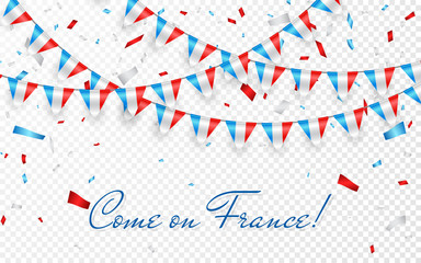 France flags garland white background with confetti, Hang bunting for France national Day celebration template banner, Vector illustration