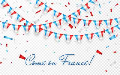 Obraz premium France flags garland white background with confetti, Hang bunting for France national Day celebration template banner, Vector illustration