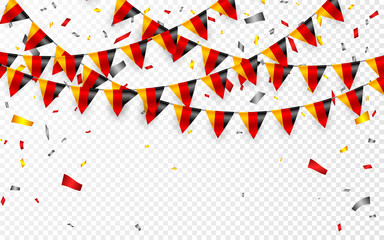 Obraz premium Germany flags garland white background with confetti, Hang bunting for German national Day celebration template banner, Vector illustration