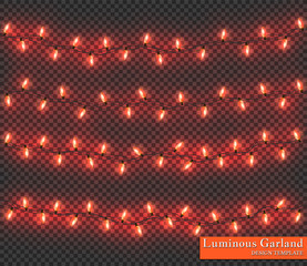 Red Color garland, festive decorations. Glowing christmas lights isolated on transparent background