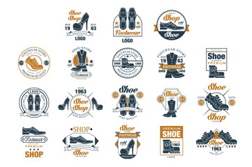 Footwear store logo set, shoe style premium quality estd 1963 vector Illustrations