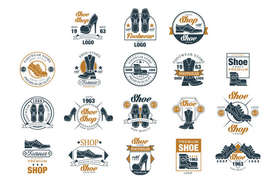 Footwear store logo set, shoe style premium quality estd 1963 vector Illustrations