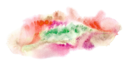 Red and green watery illustration.Abstract watercolor hand drawn image.Purple splash.White background.