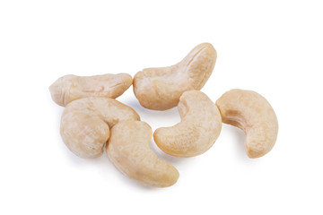 Cashew pile, unroasted and salted nuts, seeds, isolated on white background