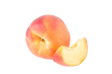 Peach fresh fruit and slice isolated on white background angle view