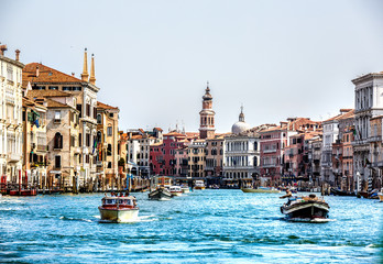 Gondola floats on Grand Canal in Venice, Italy.  