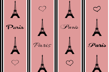 Paris text design illustration with Eiffel Tower and heart shapes decoration on pink background with black and white stripes
