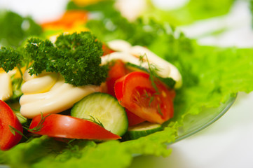 vegetable salad of cucumbers, tomatoes, lettuce leaves