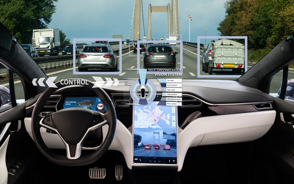Self driving car on a road. Autonomous vehicle. Inside view.