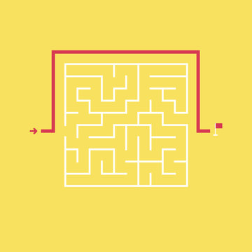 Square maze and the shortcut to the exit without going through the entrance. Problem and solution concept.