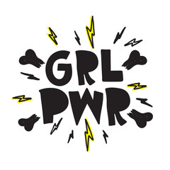 GRL PWR short quote. Girl Power cute hand drawing illustration for print, brochure, greeting card, bag, clothing. To stick on laptop, phone, wall. Modern motivational text, feminist tattoo trend