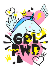 GRL PWR short quote. Girl Power cute hand drawing illustration