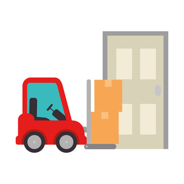 forklift vehicle with boxes and door