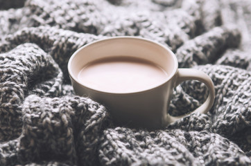 A cup of hot cocoa with milk on gray wool knitted plaid. Home cosiness. Top view