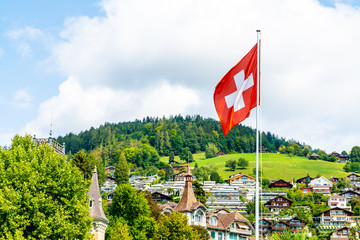 swiss flag with blue sky
