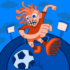 Funny crazy football player runs to hit the ball. Vector soccer cartoon