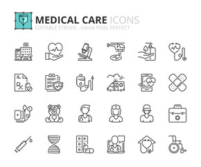 Outline icons about hospital and medical care