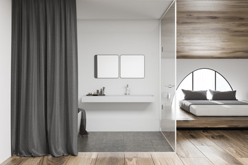 Fototapeta na wymiar White and wood bathroom and bedroom interior