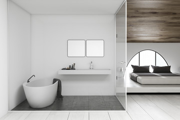 Fototapeta na wymiar White bathroom and wooden bedroom interior