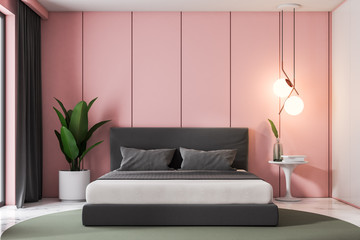 Pink bedroom interior, double bed