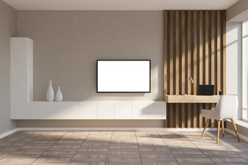 White and wood home workplace, mockup tv screen